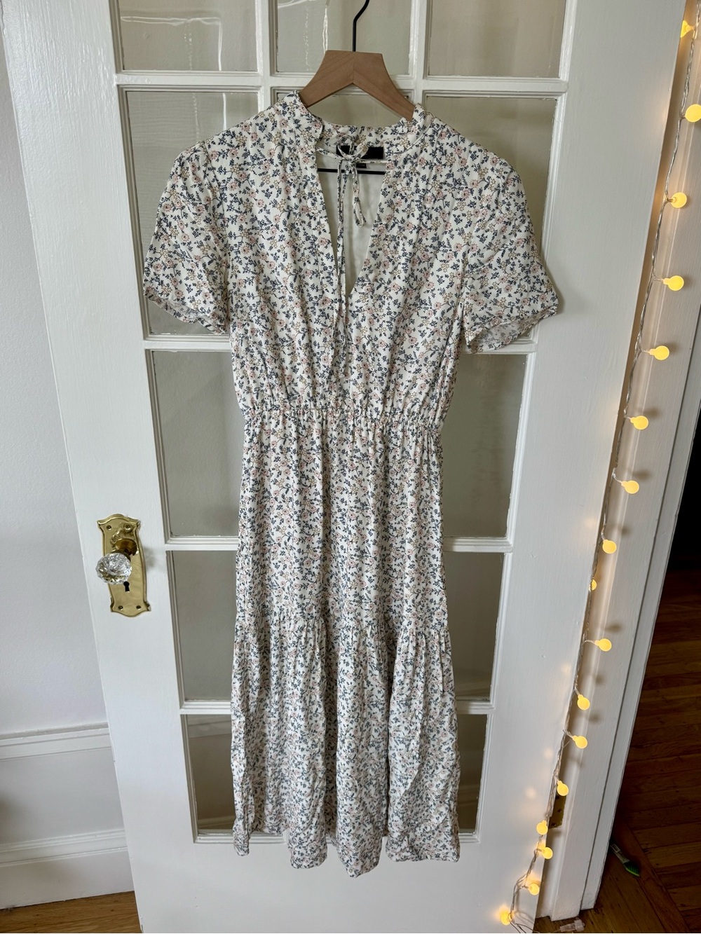 Lulu's White Maxi Dress with Tiny Floral Print, Deep V, Tie Neck Closure
